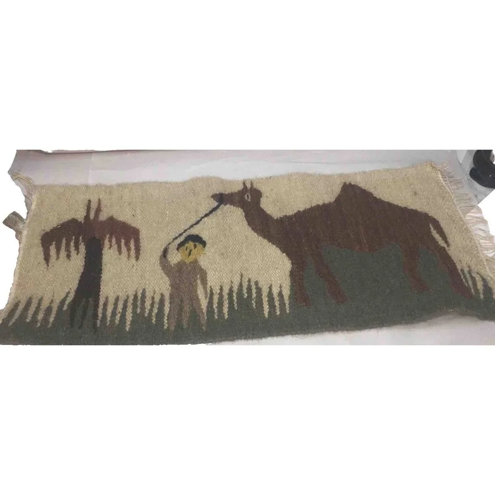 Primitive Wool Kilim Pictorial Rug Camel Man Palm Tree Wall Hanging 11
